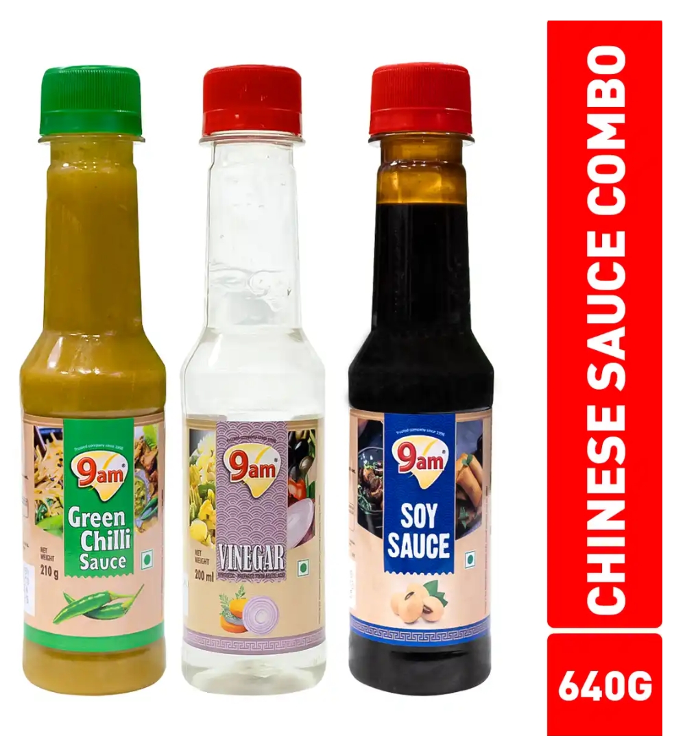 9am कॉम्बो पैक (9am Green Chilli + Soya Sauce + Vinegar 640Ml)