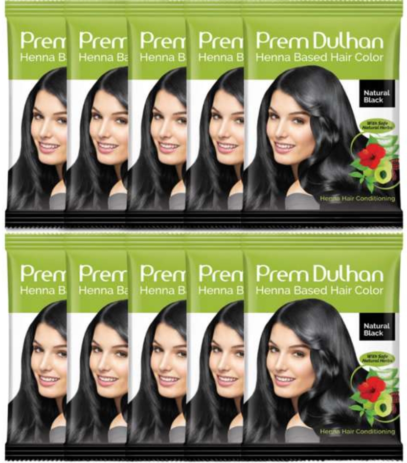 हेयर कलर ब्लैक ₹10/-   ( Prem Dulhan Heena Based Hair Colour Black  Pack of 10)
