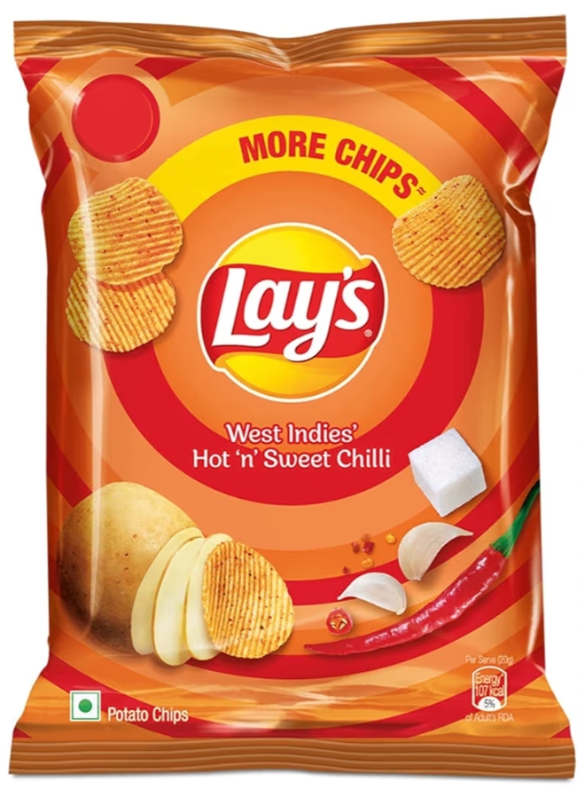 लेज़ चिप्स स्वीट चिल्ली ₹ 20/-(Lays Potato Chips, Hot n Sweet Chilli Pouch, 30.5g/27.5g/26.5 g