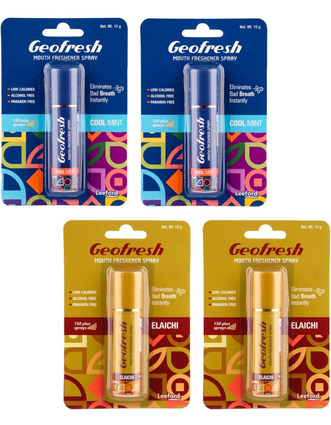 जिओ फ्रेश माउथ स्प्रे2- इलायची 2-कूल मिंट 15ग्राम (Geofresh Instant Mouth Freshener Spray 15g (2 - Cool Mint and 2 - Elaichi Flavoured) - Combo Pack of 4