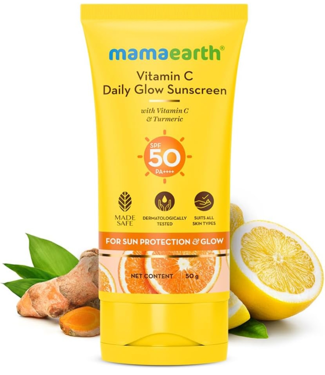मामार्थ सनक्रीम 50 ग्राम।SPF 50PA++++ सनस्क्रीन 50Gm(Mamaearth Vitamin C. SPF 50 PA++++ Glow Sunscreen 50g)