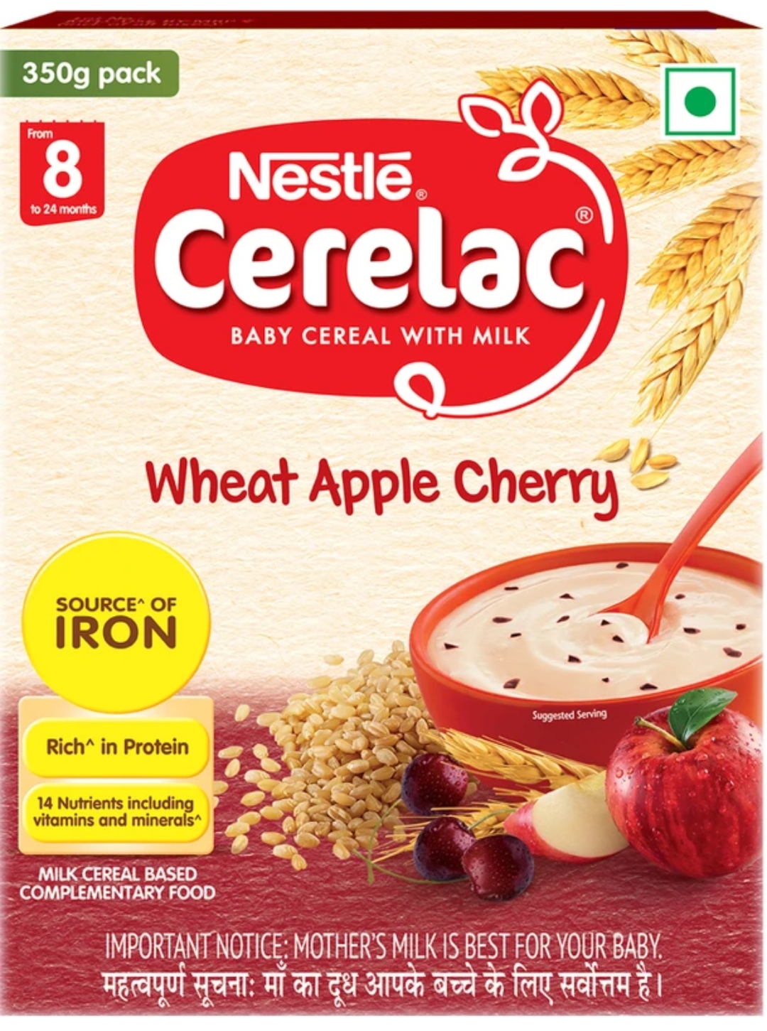 नेस्ले सेरेलेक व्हीट एप्पल चेरी 8-24मंथ (Cerelac Wheat Apple Cherry 8 To 24 Months 350G