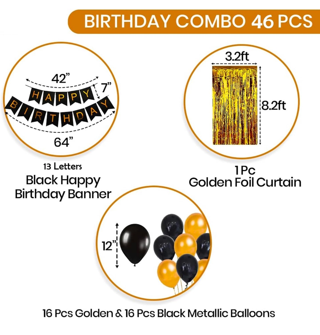 हैप्पी बर्थडे किट कॉम्बो पैक ब्लैक एवं गोल्डन (Happy birthday Kit Combo Pack Golden &Black)