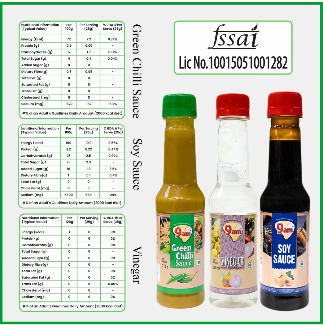 9am कॉम्बो पैक (9am Green Chilli + Soya Sauce + Vinegar